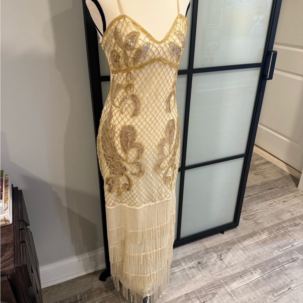 Elegant Gold and Cream Fringe Dress